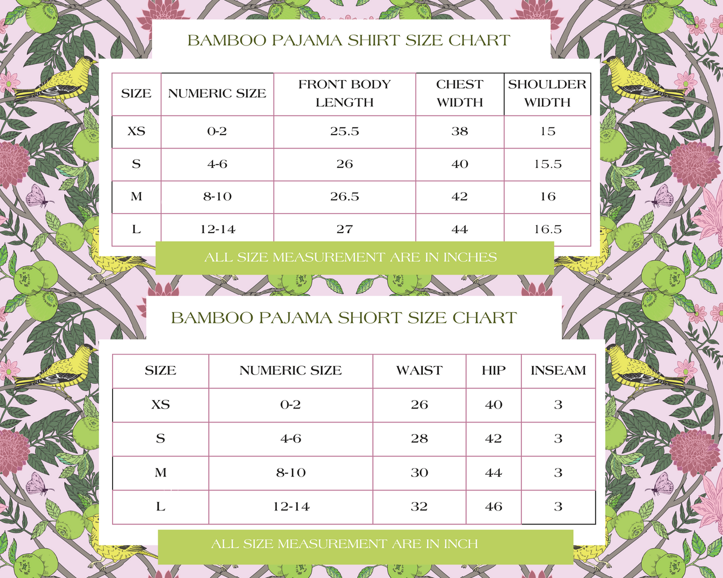 Bamboo pajama shorts size chart with measurements for X-Small to Large on floral background.