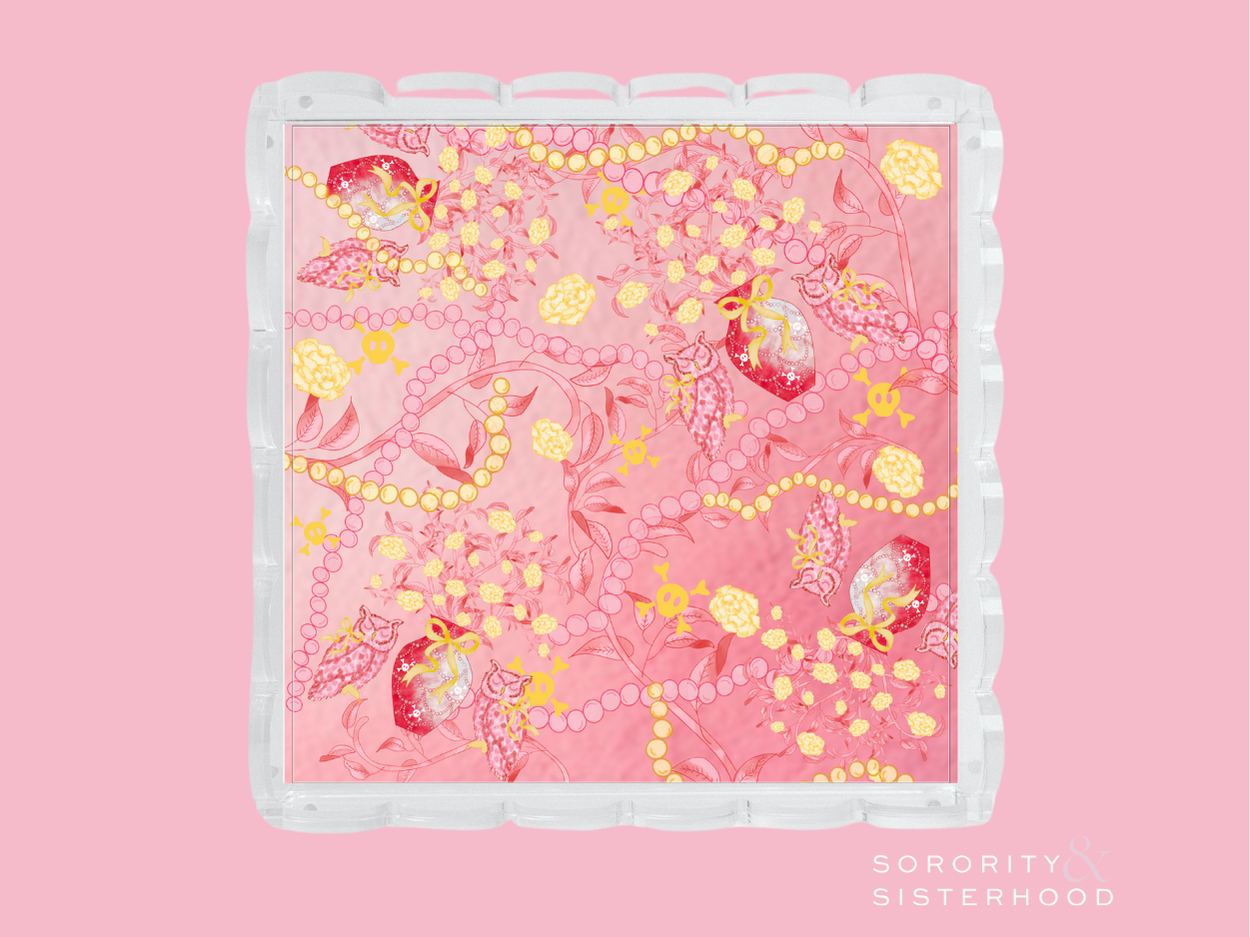Square acrylic tray with scalloped edges, pink floral and gold pearl design, Chi Omega sorority logo.
