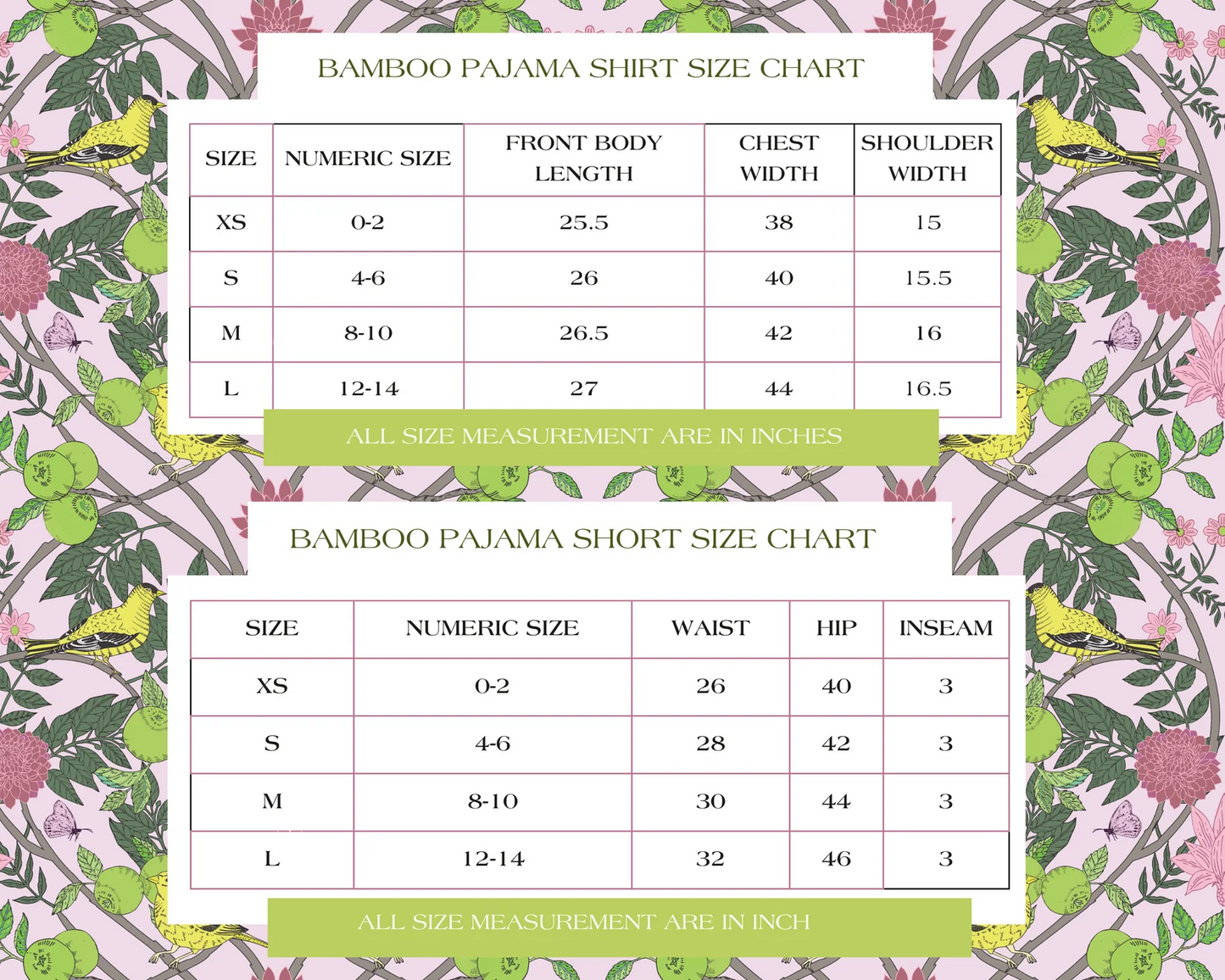 Size chart for bamboo pajama shirts and shorts with measurements in inches on floral background.