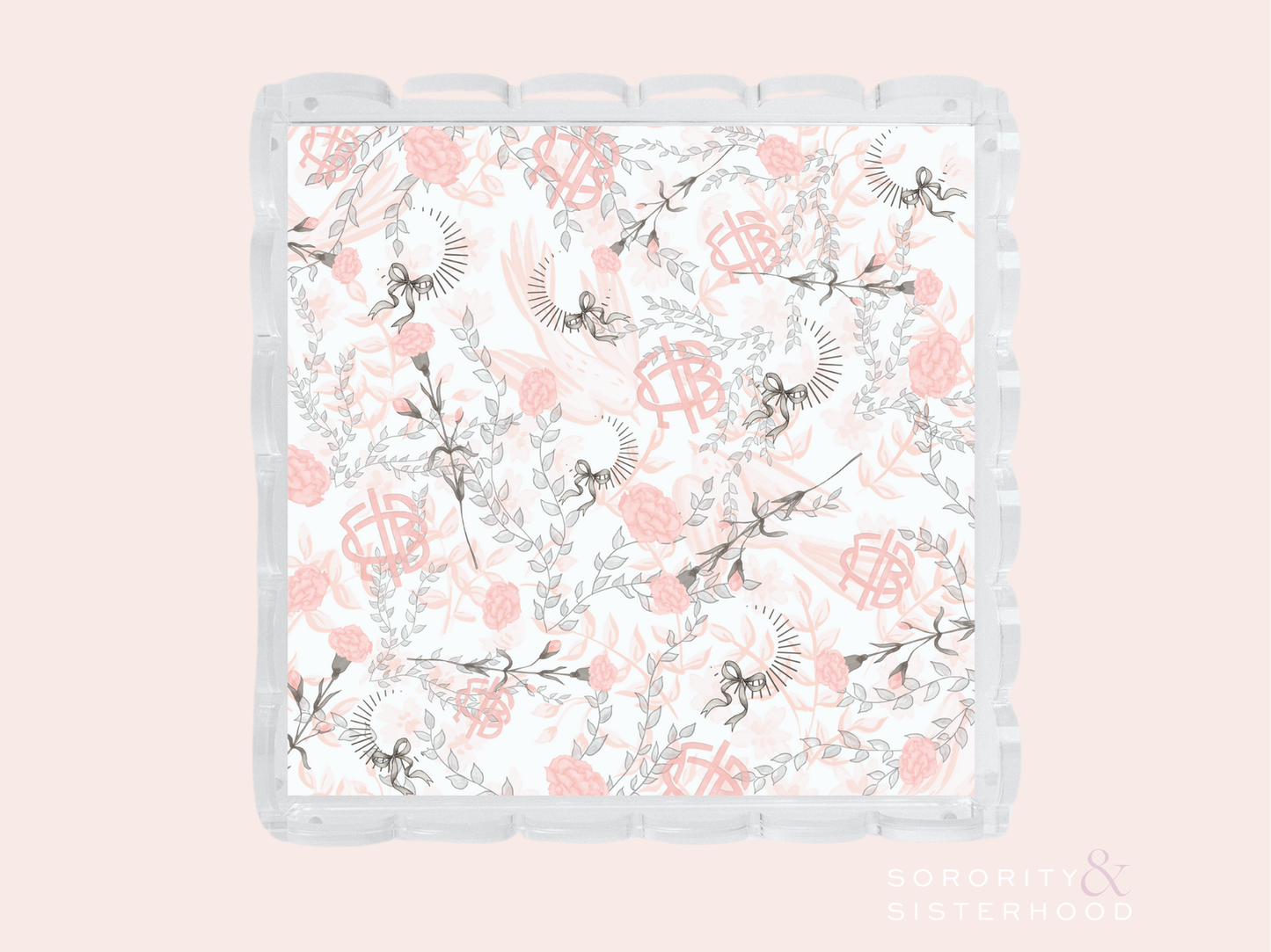 Square ceramic tray with scalloped edges, decorated with pink floral and black vine design and Gamma Phi Beta monogram.