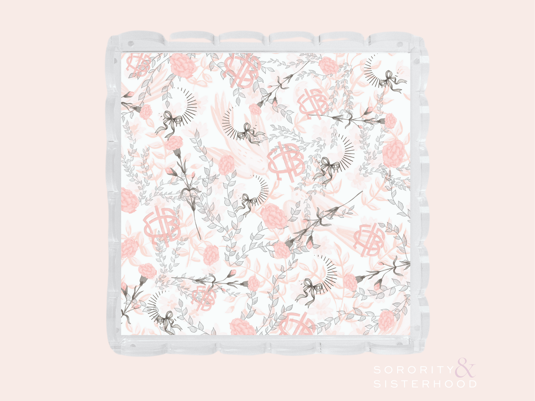 Square ceramic tray with scalloped edges, decorated with pink floral and black vine design and Gamma Phi Beta monogram.
