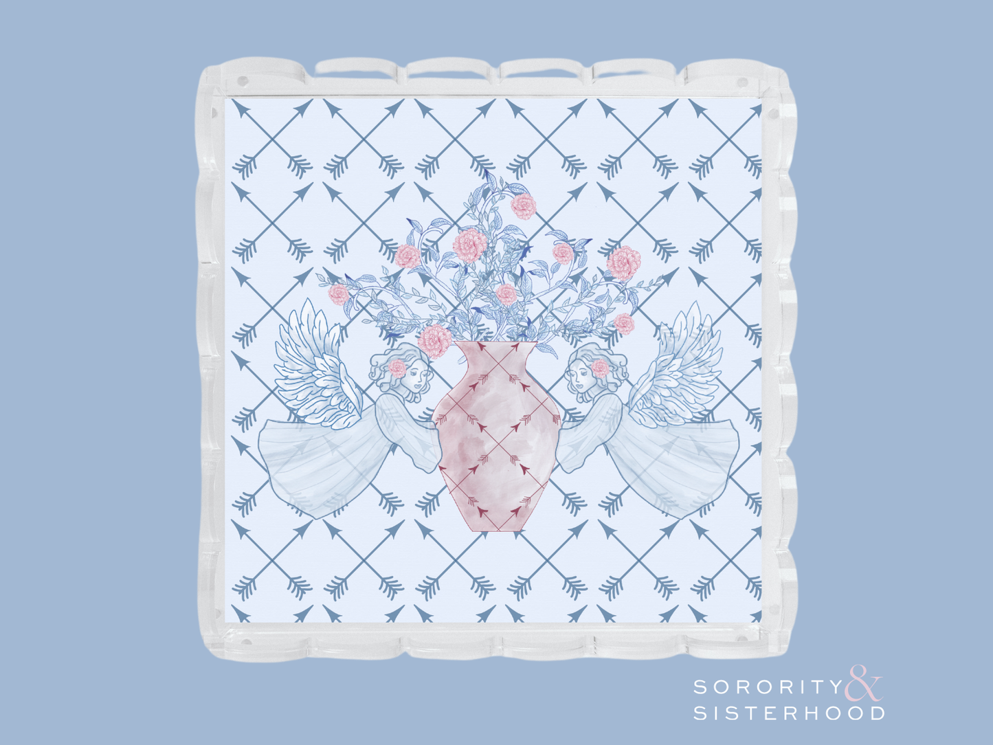 White acrylic tray with scalloped edges and blue plaid pattern, featuring pink floral arrangement and greenery design in the .