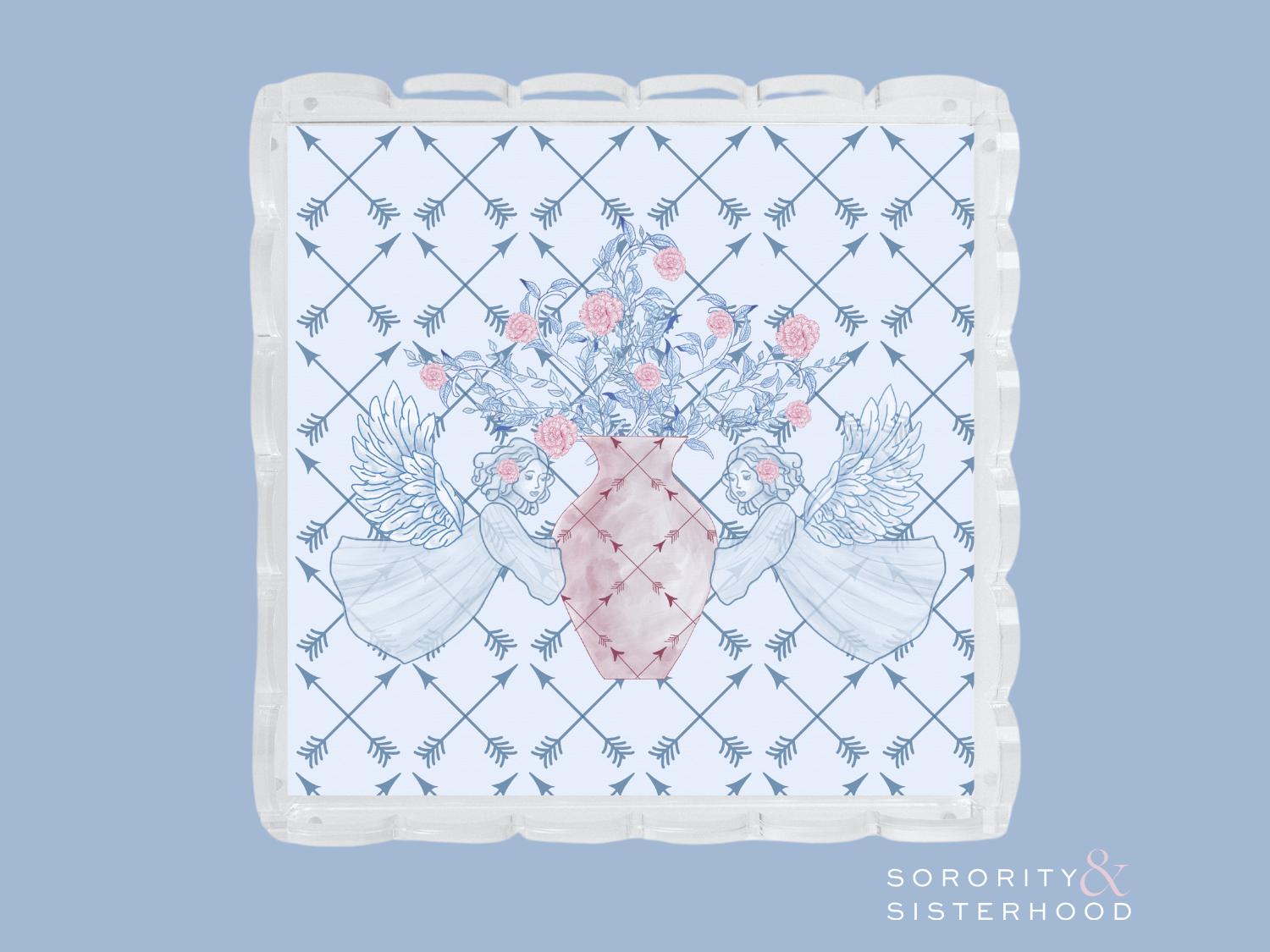 White acrylic tray with scalloped edges and blue plaid pattern, featuring pink floral arrangement and greenery design in the .