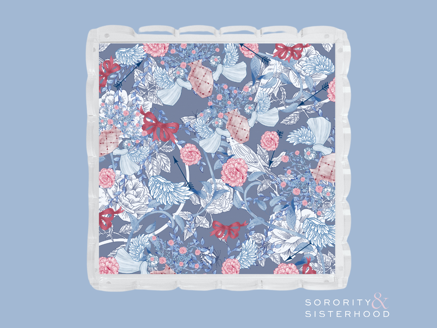 Acrylic tray with scalloped edges featuring a blue floral pattern with pink and red accents.
