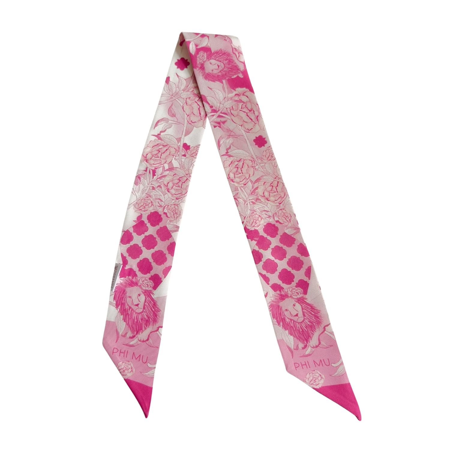 Pink and white silk scarflette with floral and lion head patterns and Phi Mu text.