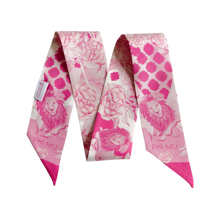 Pink and cream silk scarflette with floral and geometric patterns and Phi Mu lettering.