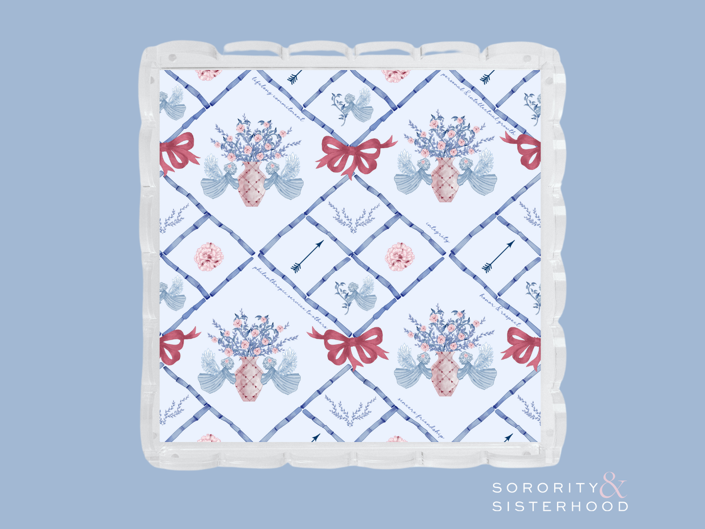 Square acrylic tray with scalloped edges, decorated with blue floral and red bow patterns over white background.