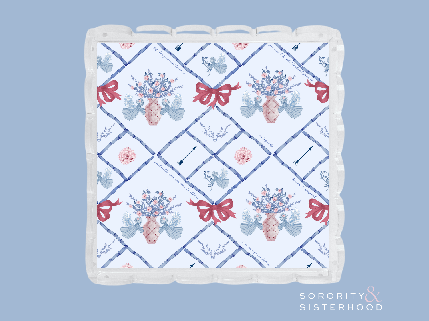 Square acrylic tray with scalloped edges, decorated with blue floral and red bow patterns over white background.