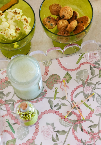 Rectangular acrylic tray with scalloped edges, decorated with pink beads, roses, and green ribbons design.