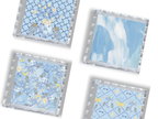 Set of three square trays with scalloped edges featuring blue floral and abstract patterns on clear bases.