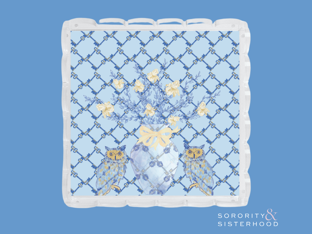 White scalloped tray with blue lattice background, Kappa Kappa Gamma Greek letters, gold owl accents, and blue floral bouquet.