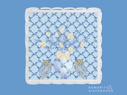 White scalloped tray with blue lattice background, Kappa Kappa Gamma Greek letters, gold owl accents, and blue floral bouquet.