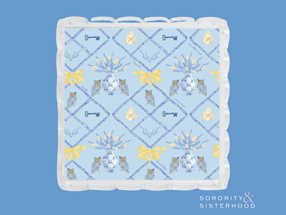 Blue ceramic tray with scalloped edges, featuring Kappa Kappa Gamma crest and gold keys pattern.