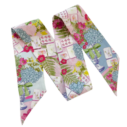 Silk scarflette with Mahjong tile pattern, pink floral and blue hydrangea accents.