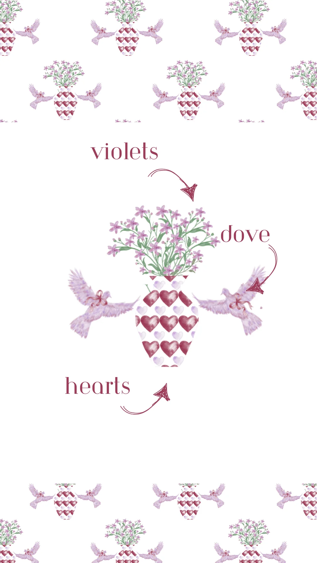 White pajama shorts with pink heart and violet flower pattern, soft cotton fabric.