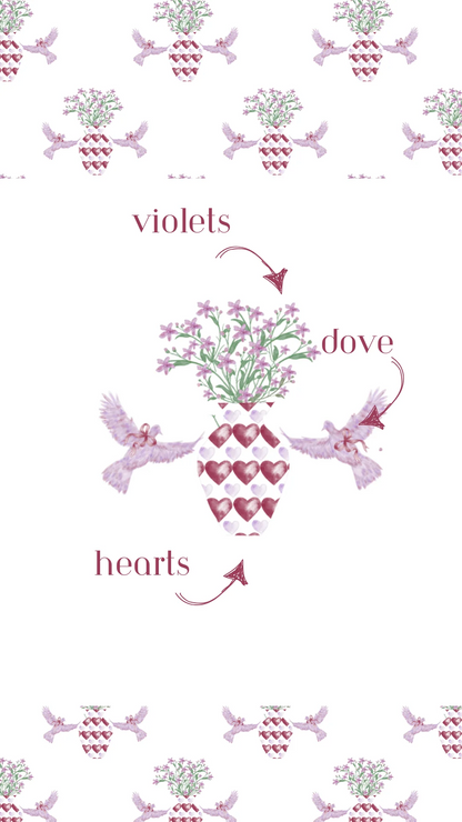 White pajama shorts with pink heart and violet flower pattern, soft cotton fabric.