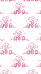 White pajama shorts with a repeating pink floral and decorative vase pattern.