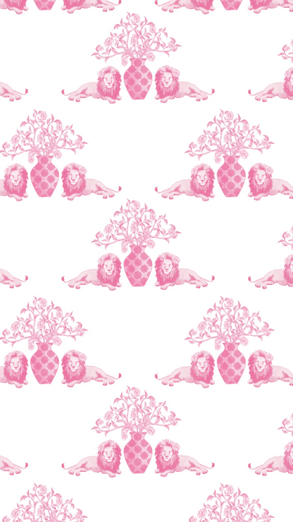 White pajama shorts with a repeating pink floral and decorative vase pattern.