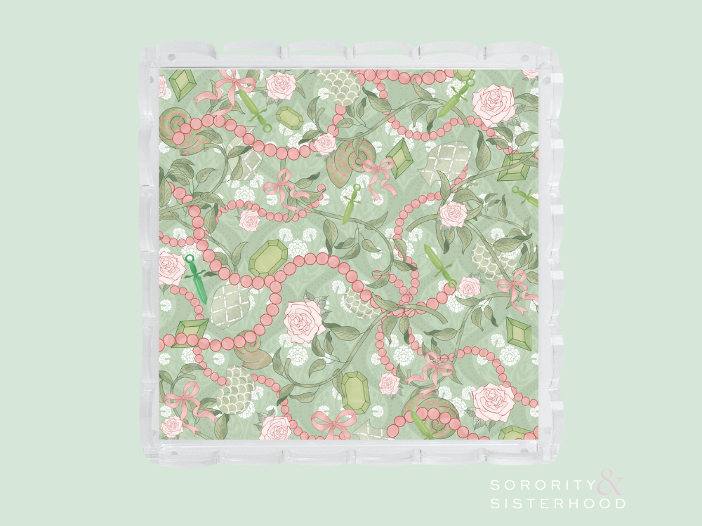 Square acrylic tray with scalloped edges, decorated with pink pearls and green floral pattern.