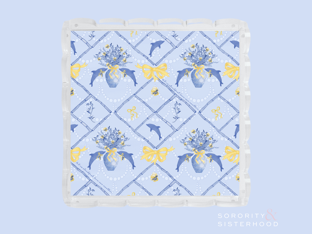 Square acrylic tray with scalloped edges, blue and yellow floral and butterfly pattern.