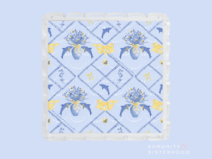 Square acrylic tray with scalloped edges, blue and yellow floral and butterfly pattern.