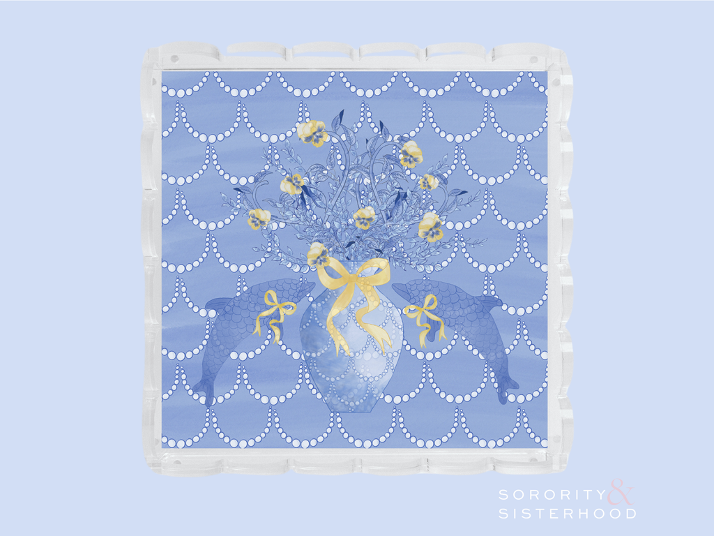 Square acrylic tray with scalloped edges and a blue floral bouquet design with yellow ribbon accents.