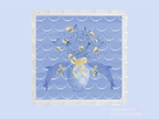 Square acrylic tray with scalloped edges and a blue floral bouquet design with yellow ribbon accents.