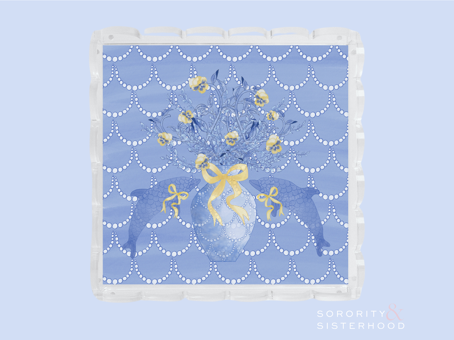 Square acrylic tray with scalloped edges and a blue floral bouquet design with yellow ribbon accents.