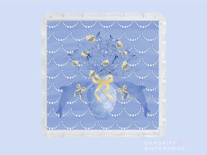 Square acrylic tray with scalloped edges and a blue floral bouquet design with yellow ribbon accents.