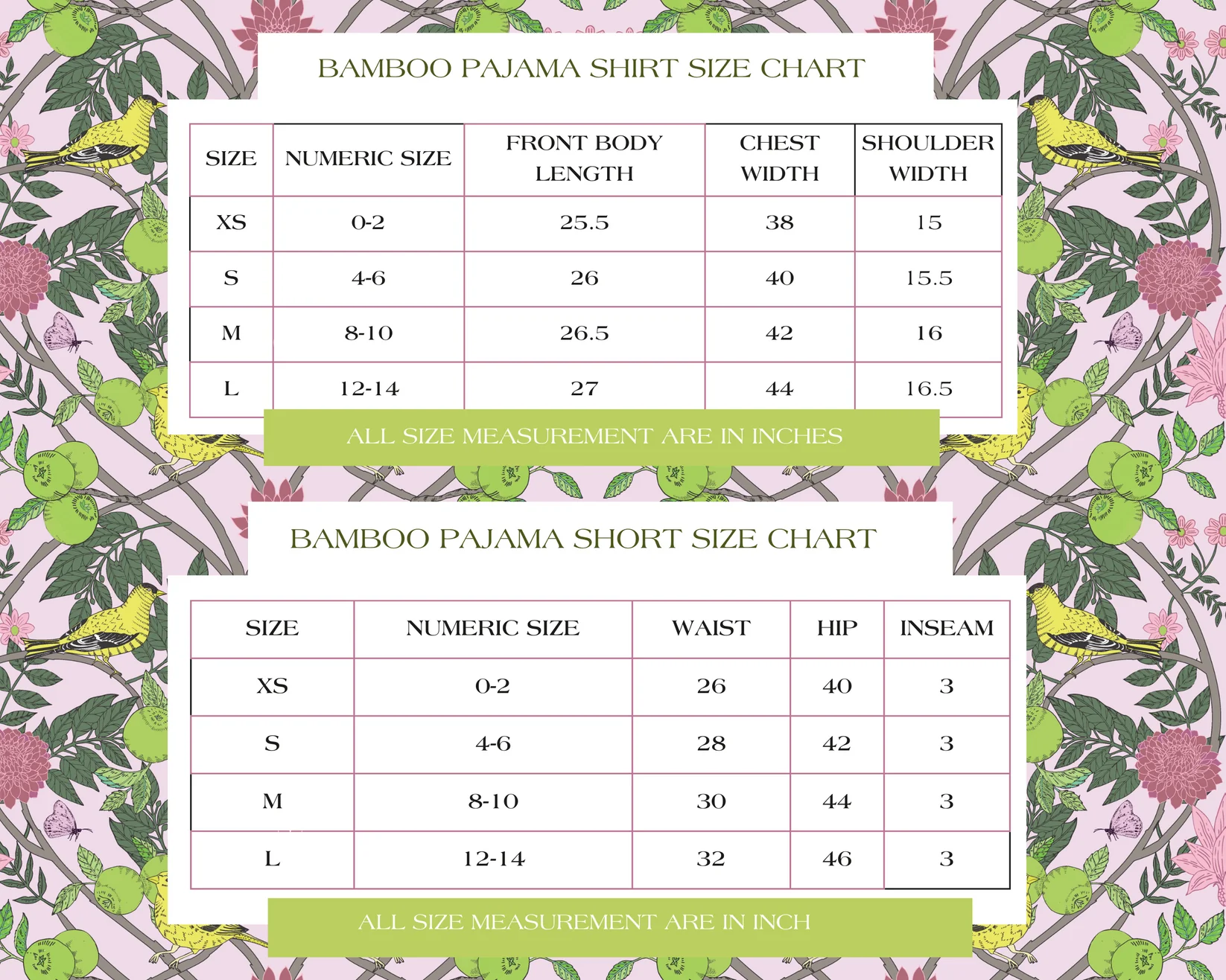 Delta Gamma pajama shorts set with pink background, floral border, and size charts for bamboo pajamas.
