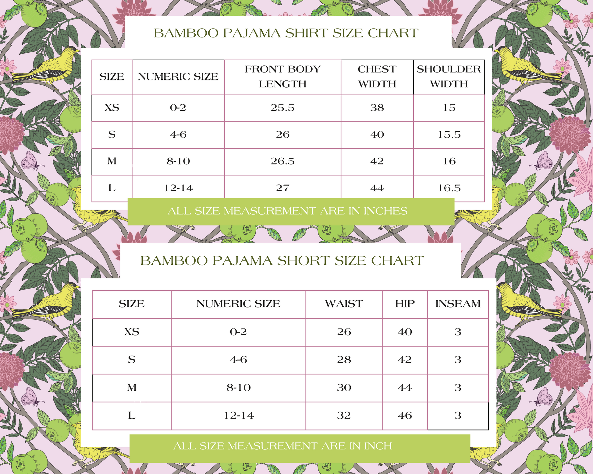Bamboo pajama shorts size chart with measurements for X-Small to Large on floral background.