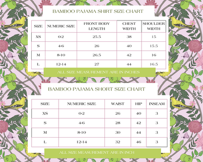 Bamboo pajama shorts size chart with measurements for X-Small to Large on floral background.