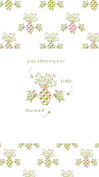 White pajama shorts with pink Killarney rose print and green diamond and turtle patterns.