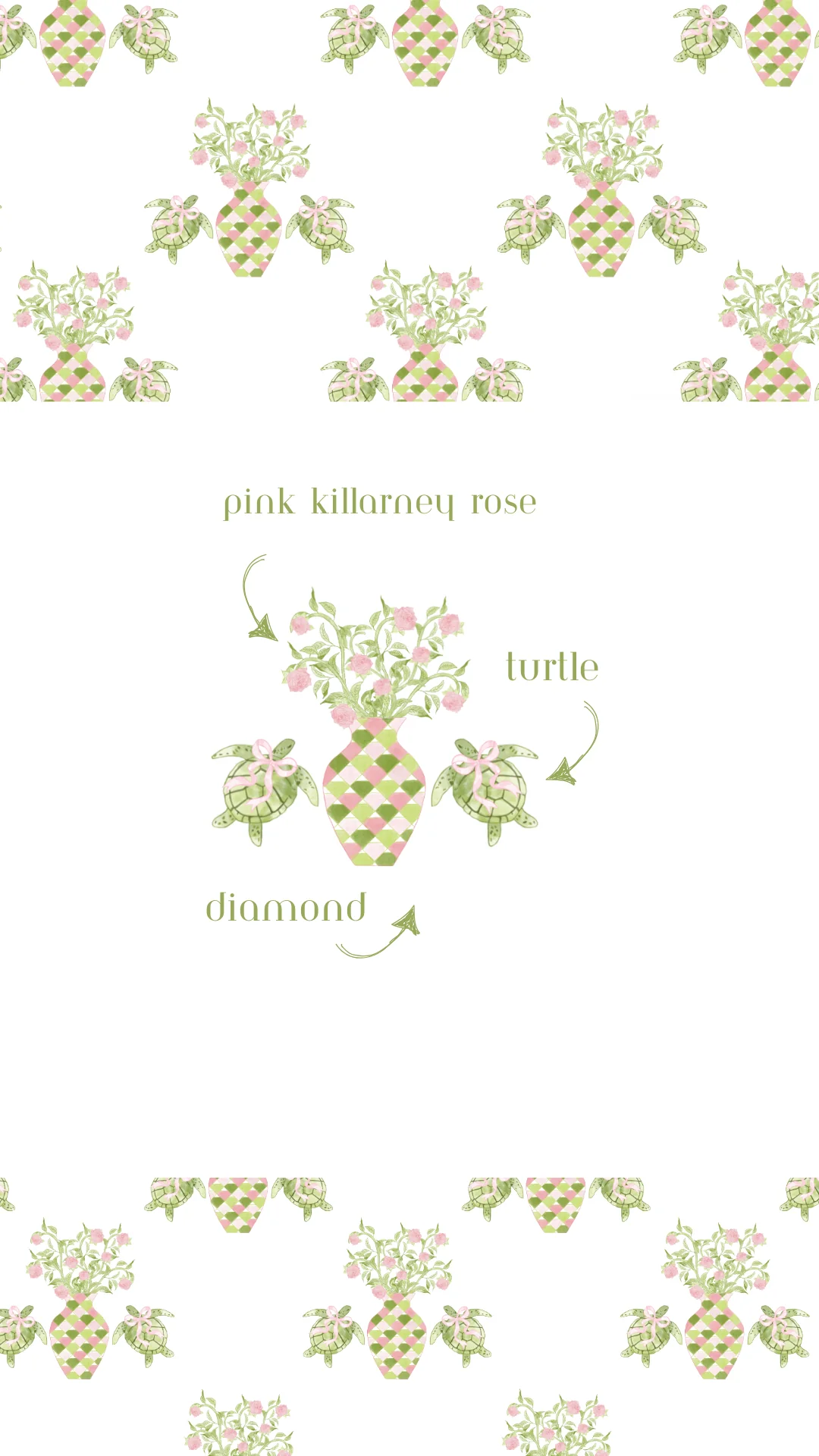 White pajama shorts with pink Killarney rose print and green diamond and turtle patterns.