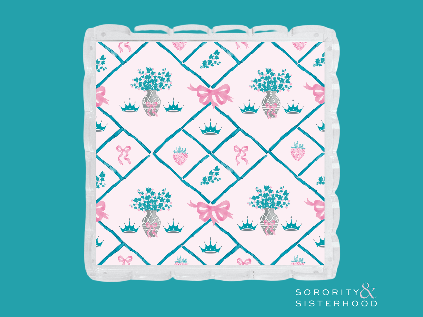 Square acrylic tray with scalloped edges and Zeta Tau Alpha floral and crown pattern in pink and teal.