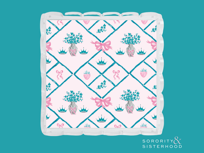 Square acrylic tray with scalloped edges and Zeta Tau Alpha floral and crown pattern in pink and teal.