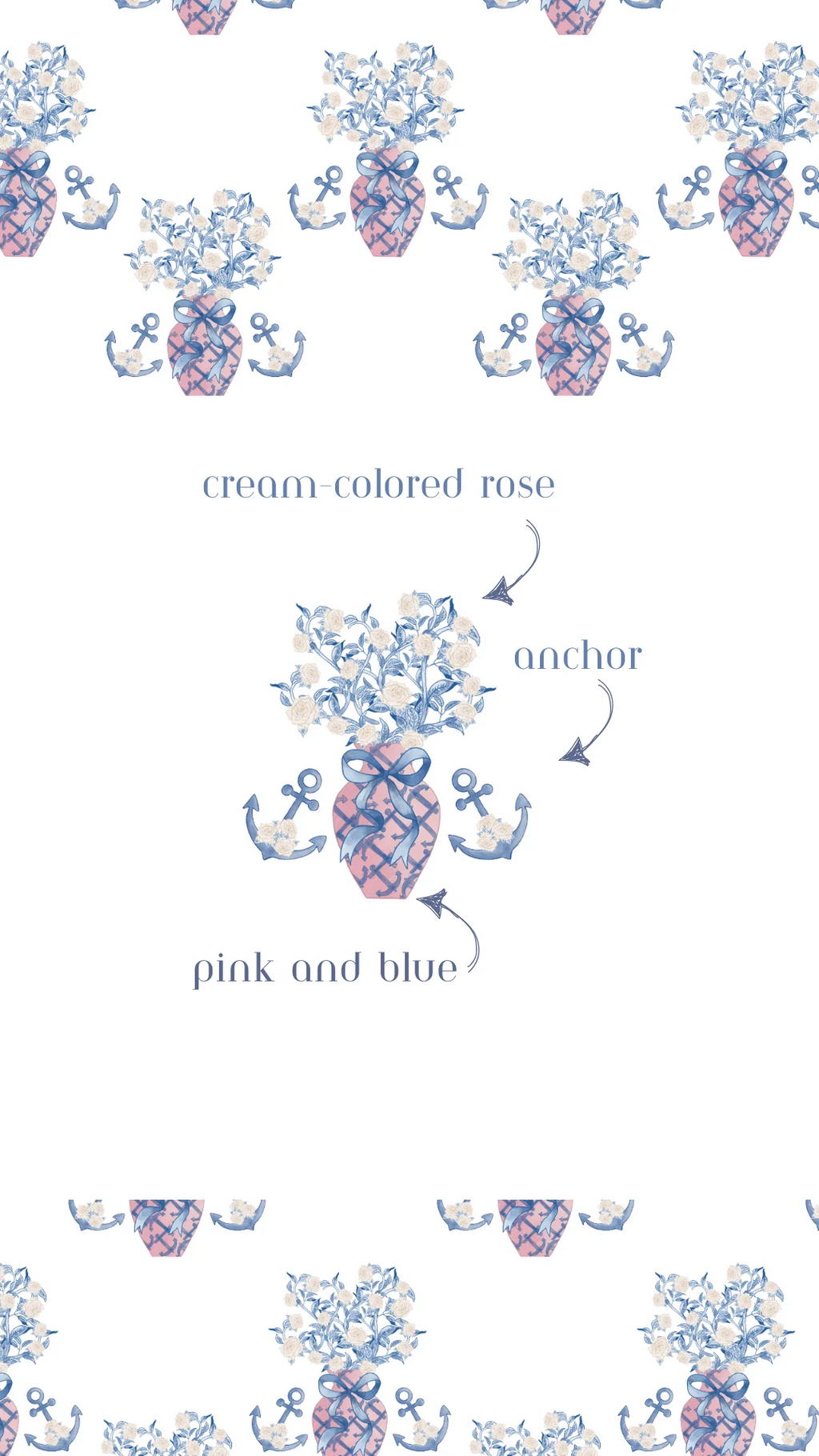 Delta Gamma pajama shorts set fabric pattern with pink and blue pineapples, anchors, and cream-colored roses on white.