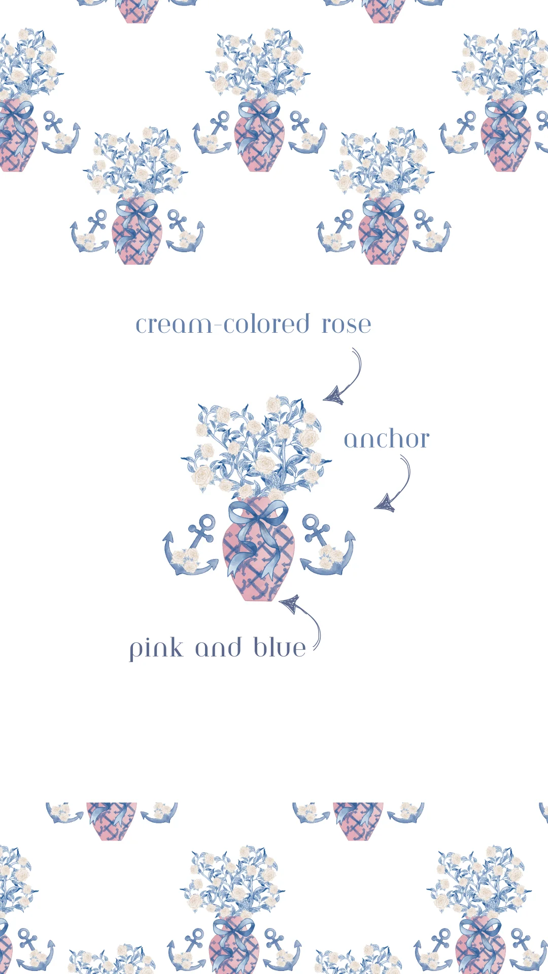 Delta Gamma pajama shorts set fabric pattern with pink and blue pineapples, anchors, and cream-colored roses on white.