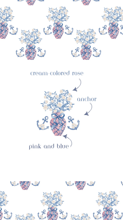 Delta Gamma pajama shorts set fabric pattern with pink and blue pineapples, anchors, and cream-colored roses on white.