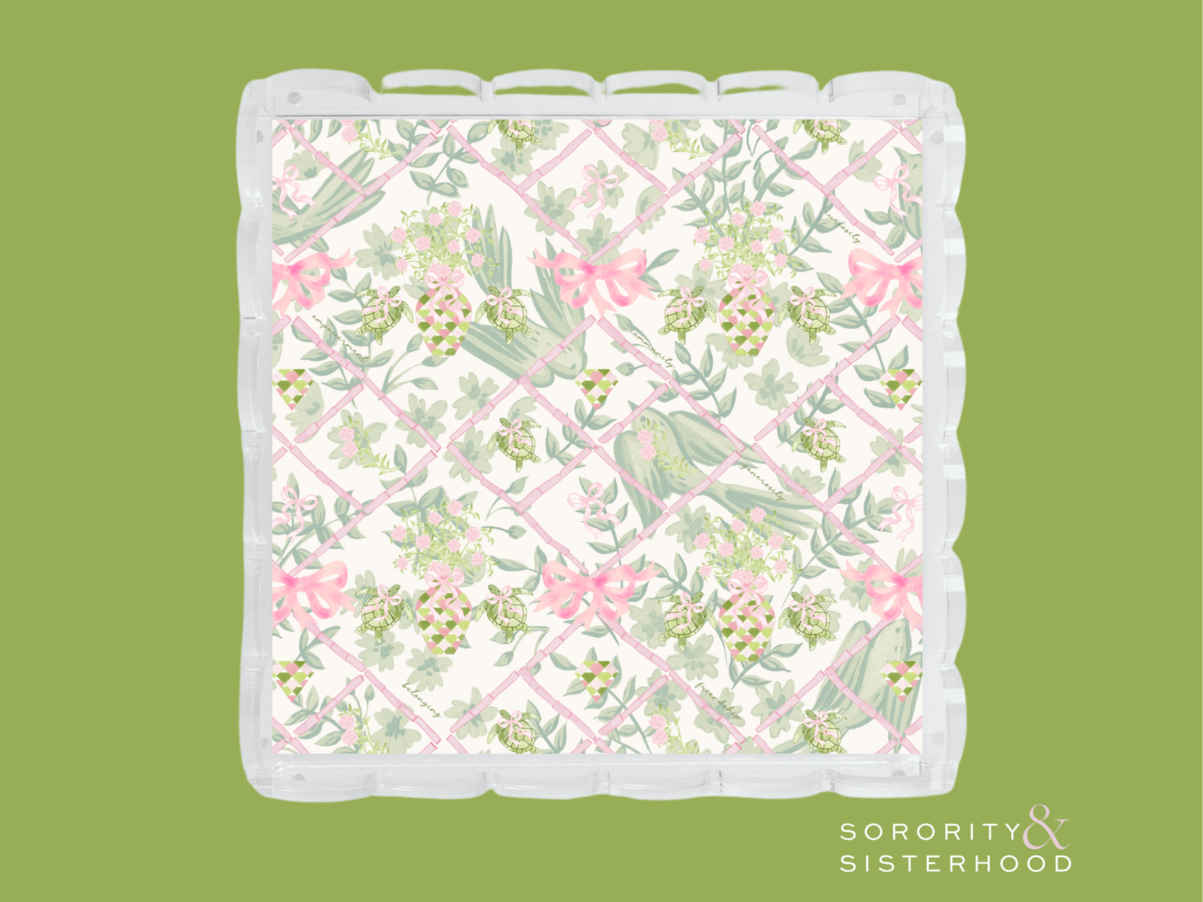 Square acrylic tray with scalloped edges and pink floral pattern inside.