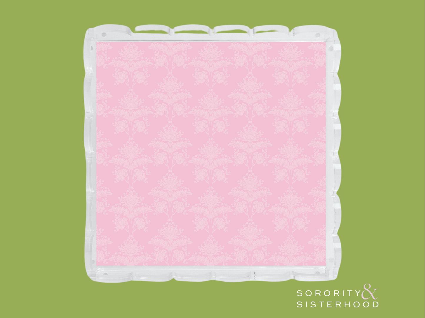 Square acrylic tray with scalloped edges and pink damask patterned center.