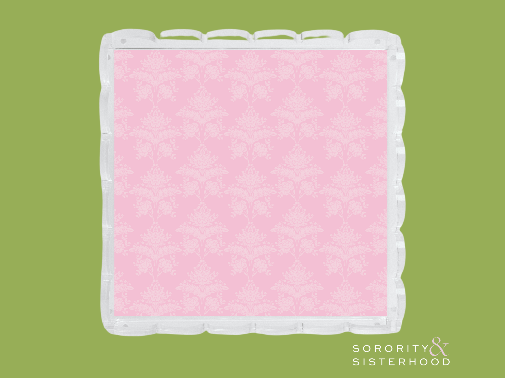 Square acrylic tray with scalloped edges and pink damask patterned center.