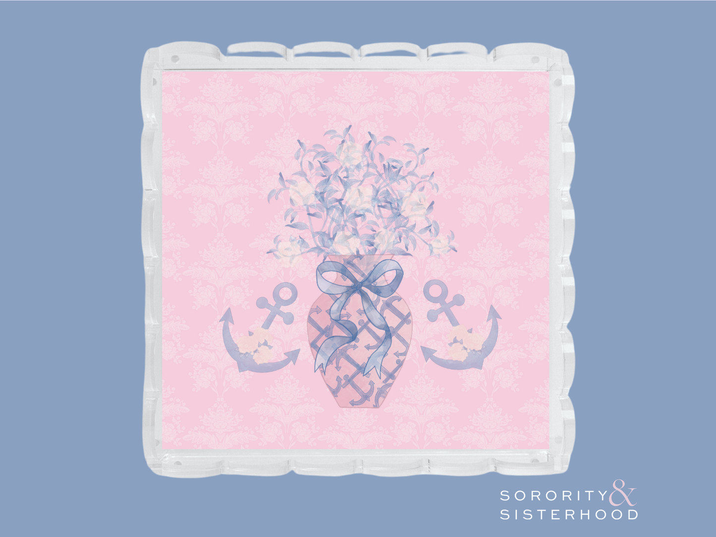Square acrylic tray with scalloped edges, pink background, central pineapple and anchor design in blue and lavender tones.