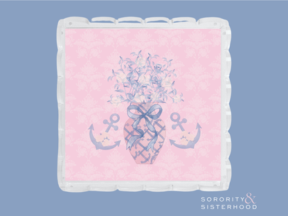 Square acrylic tray with scalloped edges, pink background, central pineapple and anchor design in blue and lavender tones.