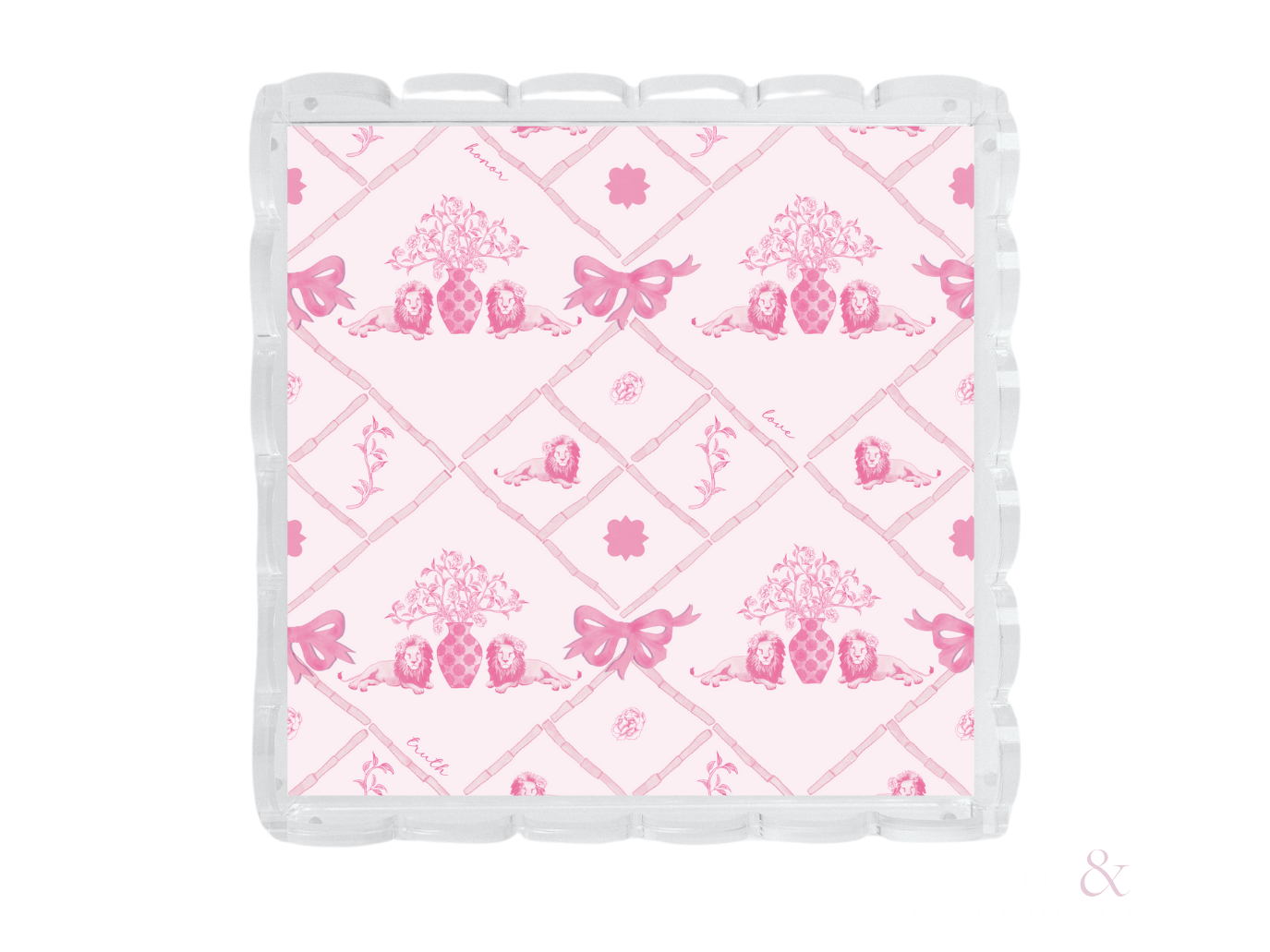Square tray with clear scalloped edges and pink Phi Mu sorority pattern on a light pink background.