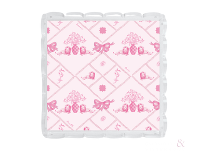 Square tray with clear scalloped edges and pink Phi Mu sorority pattern on a light pink background.
