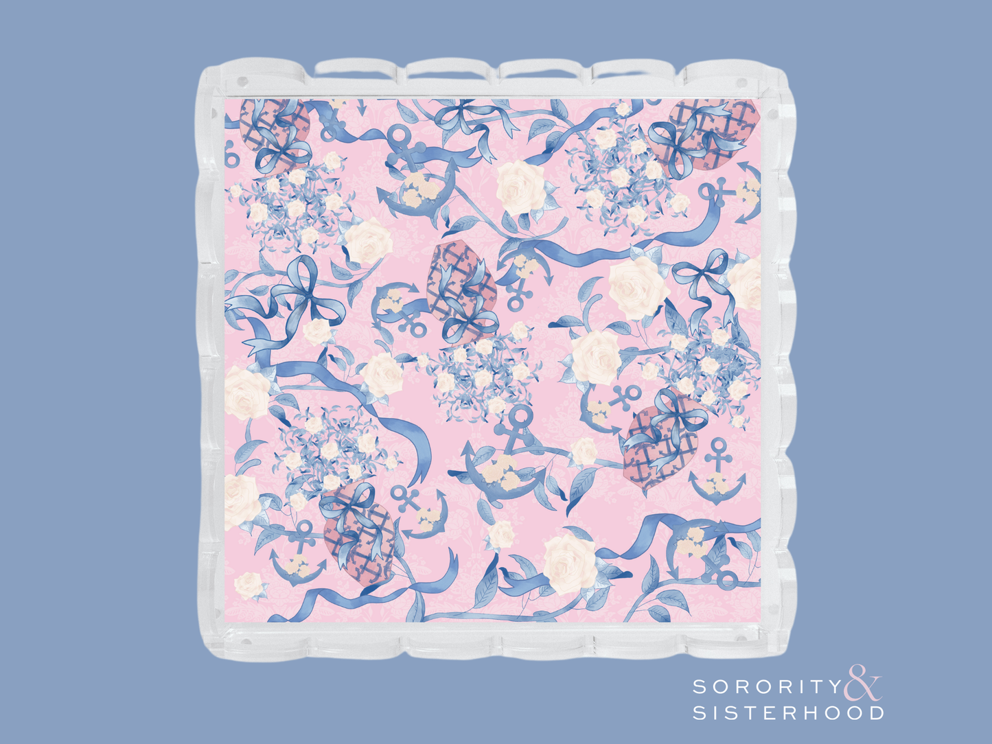 Acrylic tray with scalloped edges featuring a pink background and blue floral design.