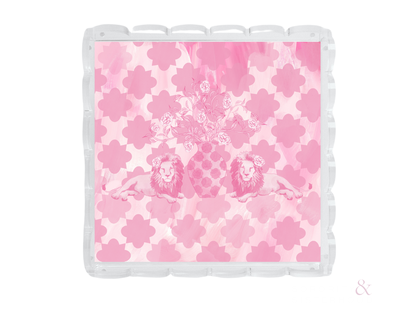 Pink square scalloped tray with white quatrefoil pattern and Phi Mu crest logo center.