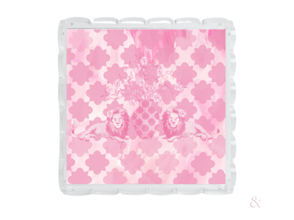 Pink square scalloped tray with white quatrefoil pattern and Phi Mu crest logo center.