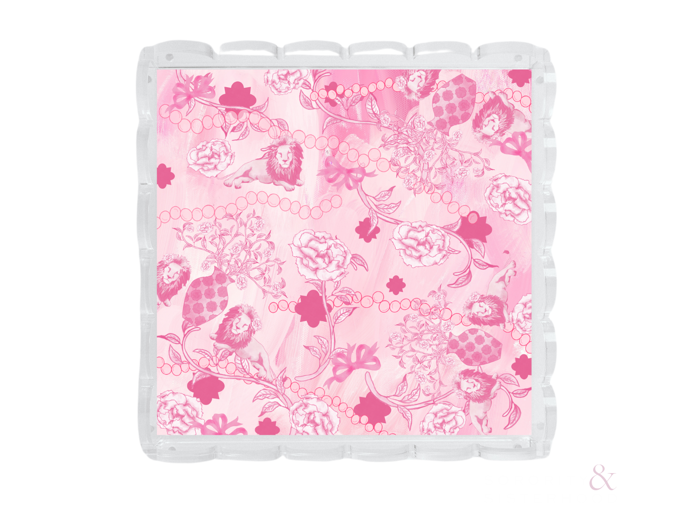 Square ceramic tray with white scalloped edges and pink floral Phi Mu pattern.